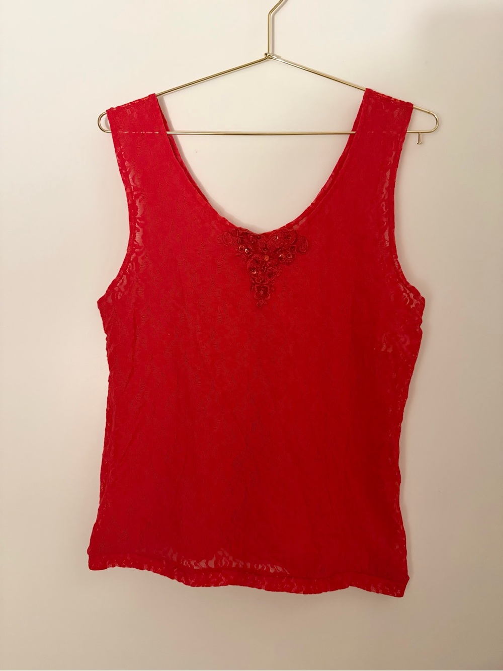 Red Sheer Lace Tank with Embroidered Sequin Neckline